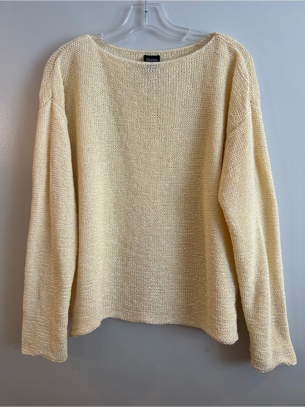 Eileen Fisher light butter yellow boat-neck knit texture sweater long sleeves